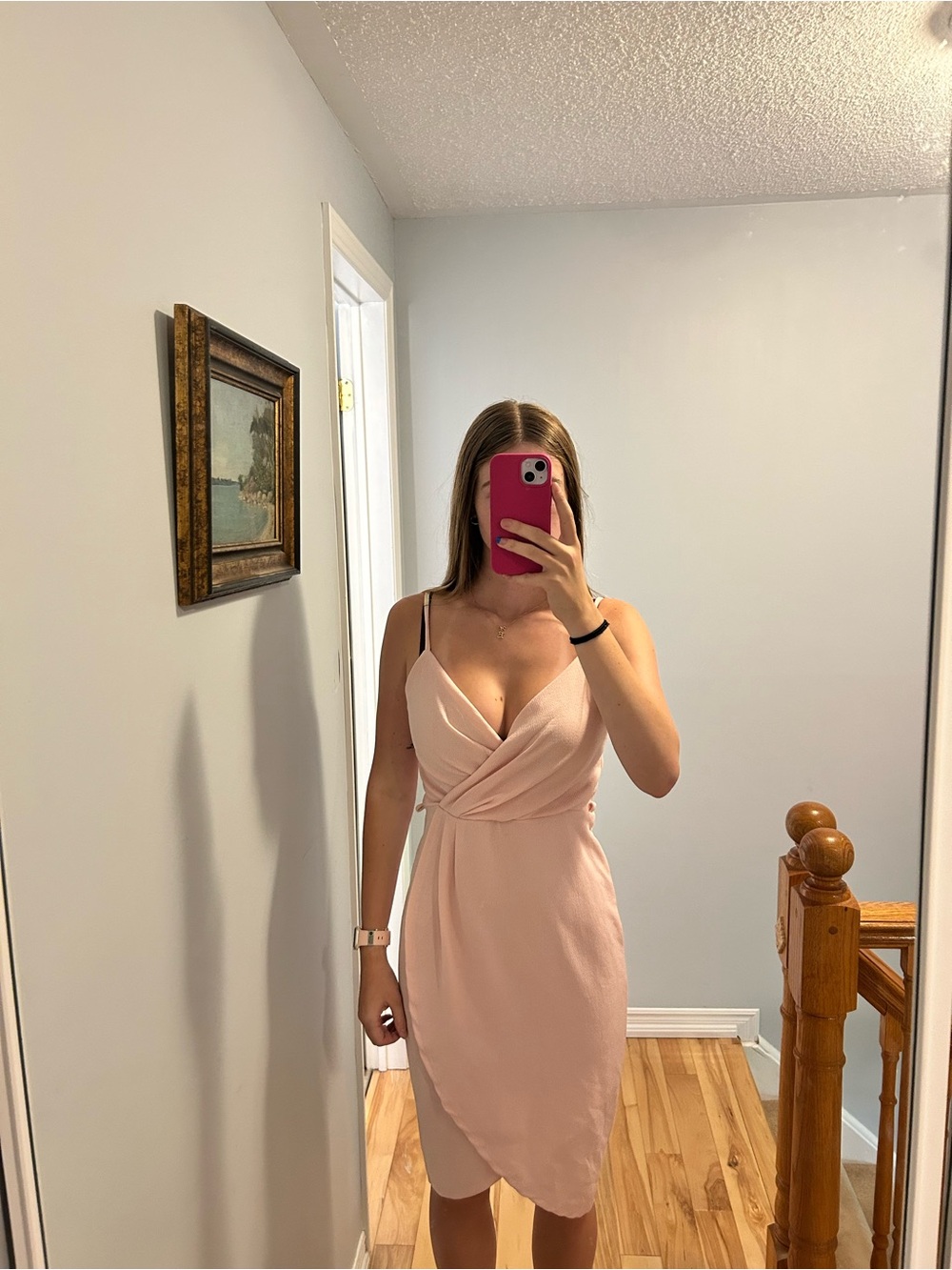 Blush Pink Wrap-Front Spaghetti Strap High-low Dress